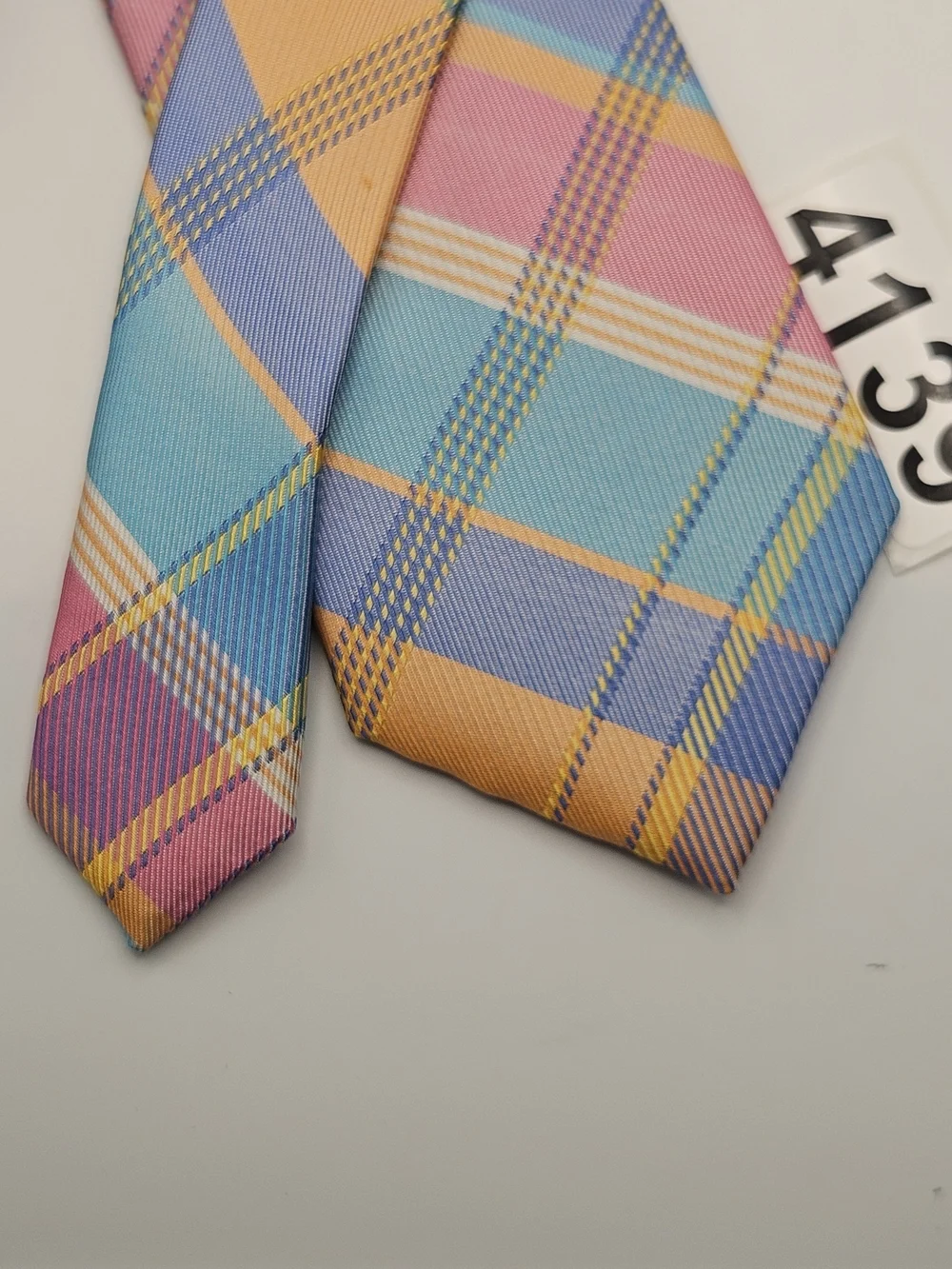 Izod Plaid Multicolor Men's Necktie - Blue, Pink & Orange #4139